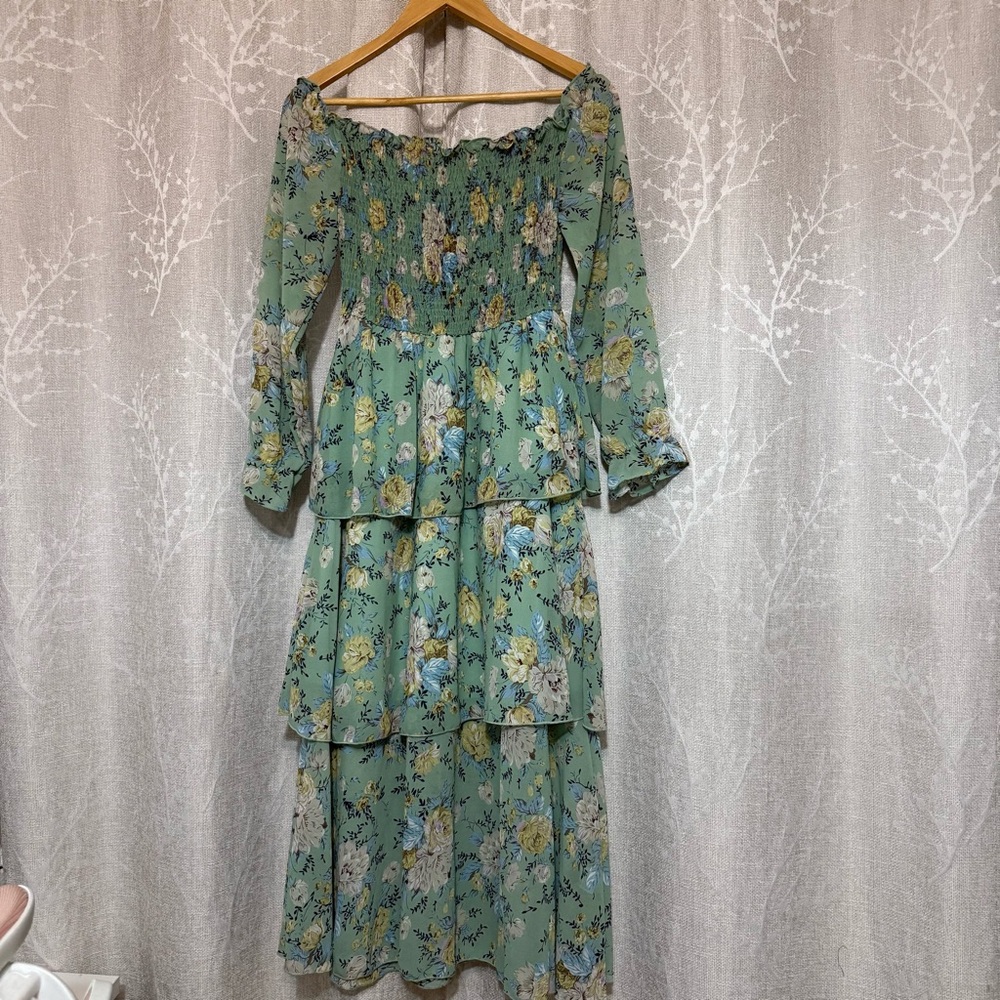 Green Floral Long Sleeve Dress